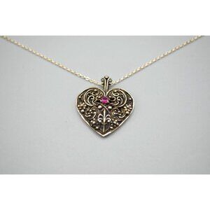 Sterling Silver Heart Pendant w Ruby Stone FM 83 Franklin Mint Filigree 925